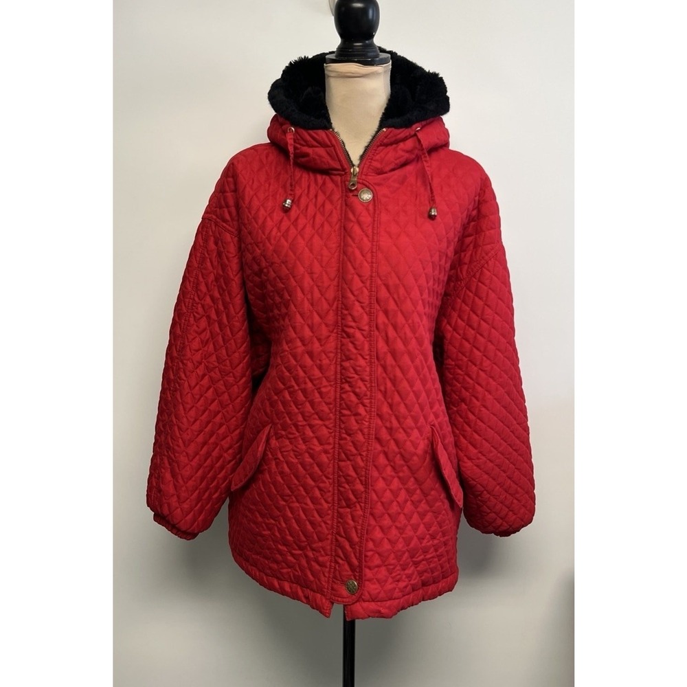 Vintage Quilted Parka Coat Womens XL Cherry Red Faux Fur Trim Granny Oversized